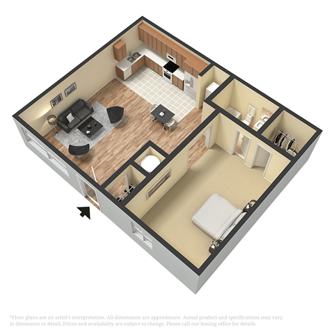 Floor plan for 1 bed, 1 bath, 585 sqft